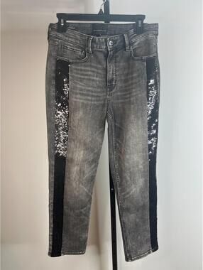 WHITE HOUSE BLACK MARKET Sequin Side Stripe Straight Leg Jeans EUC Size 8 High R